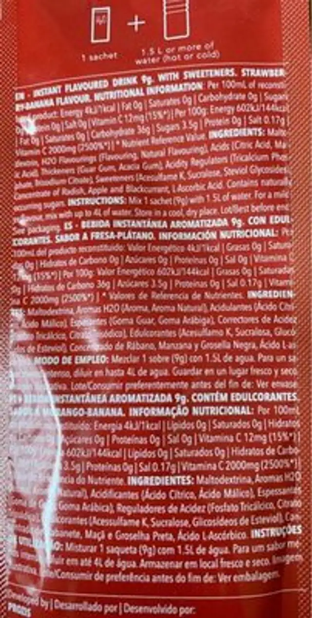 H2O infusion nutrition facts table