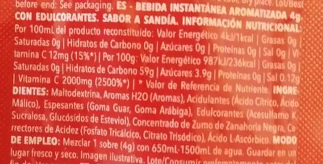 H2o infusion nutrition facts table