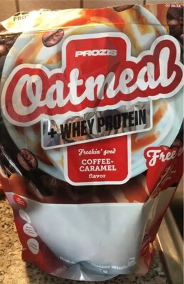 Oatmeal whey protein coffee caramel front packaging