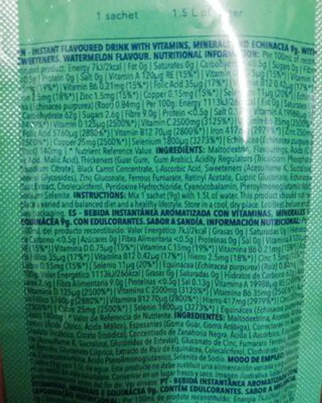 H2o immune nutrition facts table