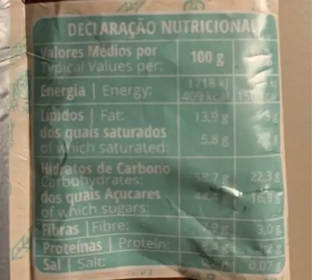 Bola Energética Côco Amendoim nutrition facts table