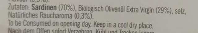 Sardines in Organic Extra Virgin Olive Oil with Smoke Flavour ingredients label