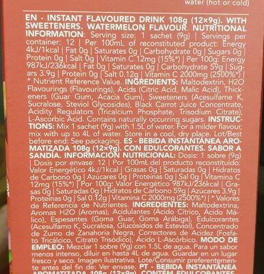 H2O infusion nutrition facts table