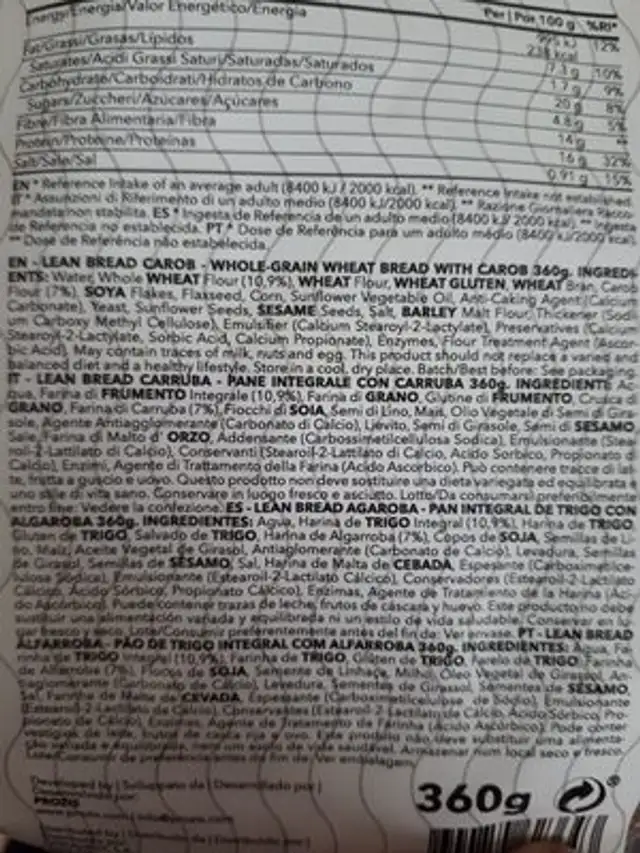Lean Bread ingredients label