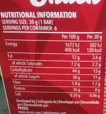 Protein Snack sabor Cookies & cream nutrition facts table