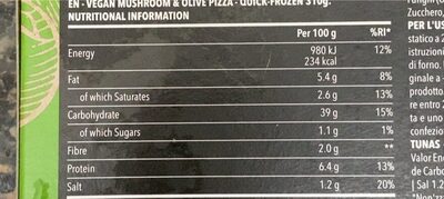 Pizza mozzarela, olivas y champiñones nutrition facts table