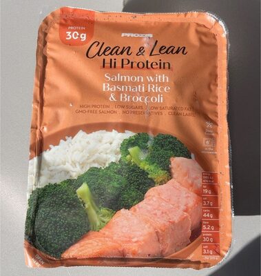 Clean & Lean Hi Protein Salmon with Bastami Rice & Broccoli front packaging