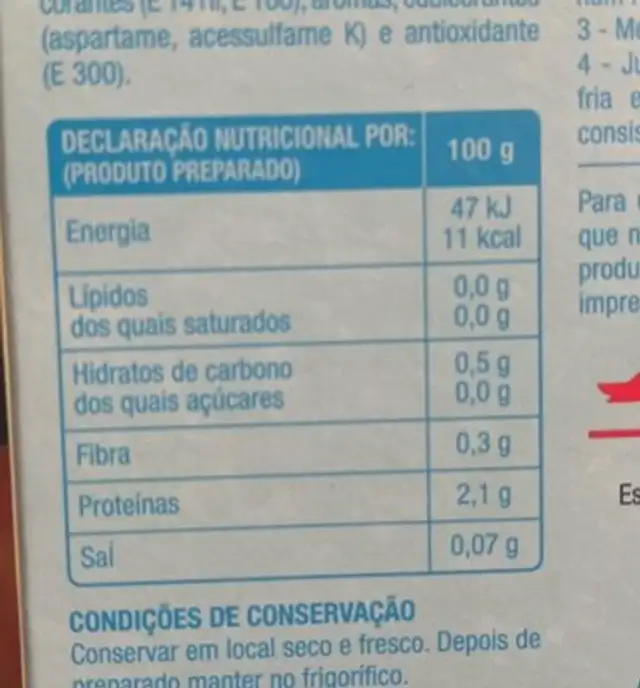 Gelatina nutrition facts table