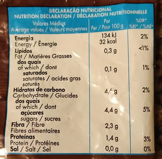 Vegetais Grelhados nutrition facts table