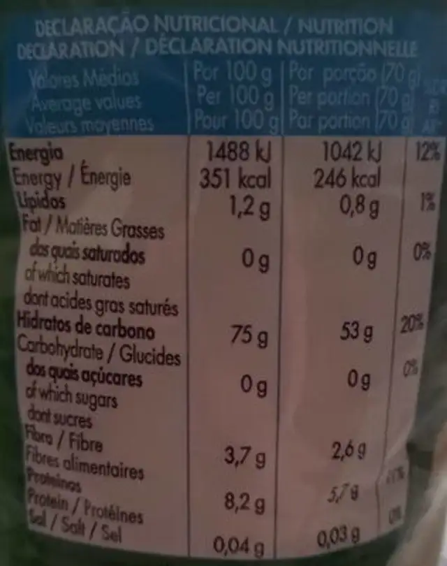 Arroz Vaporizado nutrition facts table