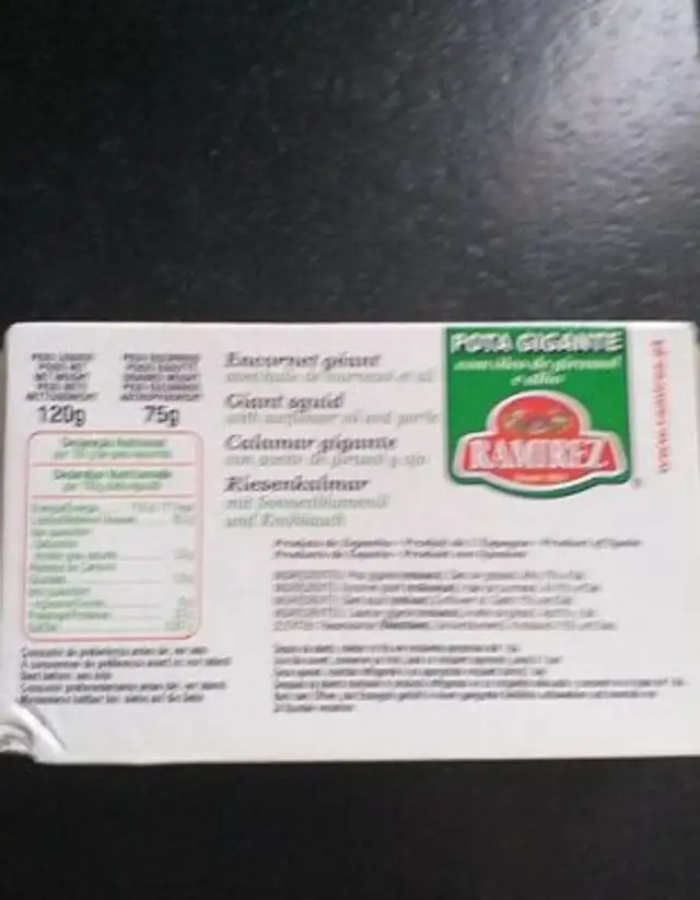 Pota Gigante nutrition facts table