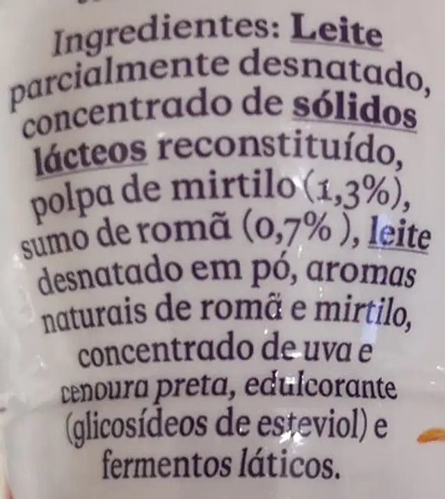 Romã & Mirtilo ingredients label
