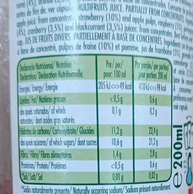 100 pourcent Fruta Maca Frutos Vermelhos nutrition facts table