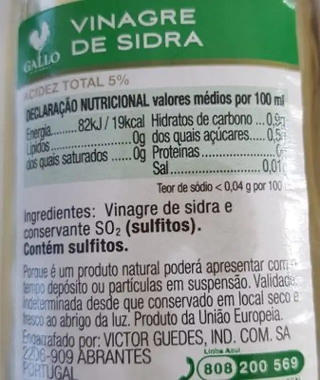 Vinaigre de Sidra ingredients label