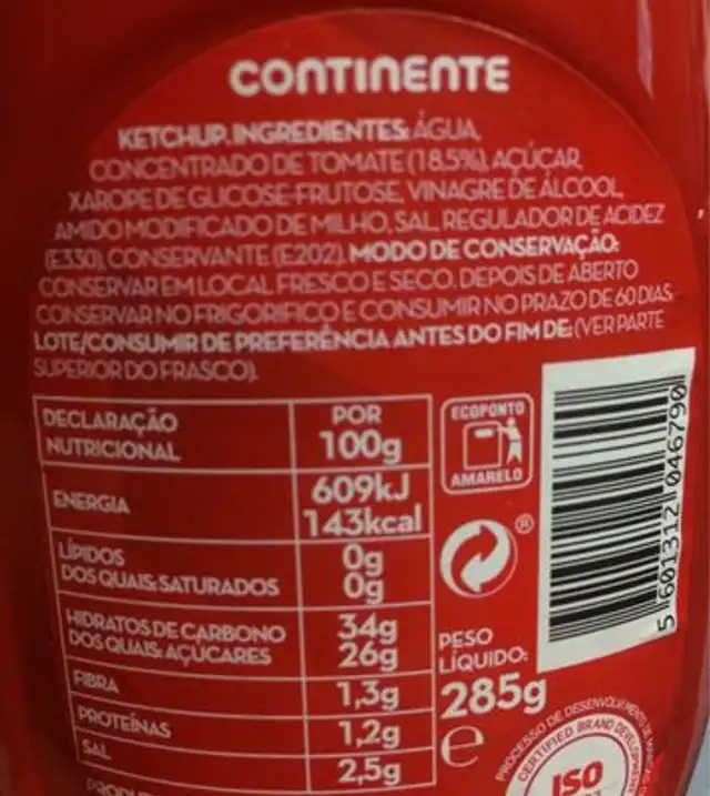 Ketchup ingredients label