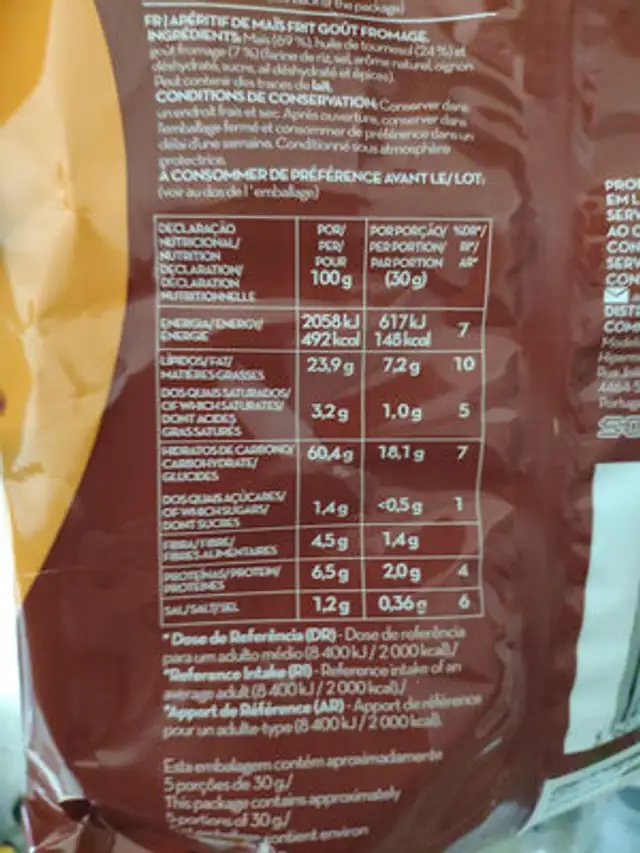 Nachos de Milho sabor a Queijo nutrition facts table