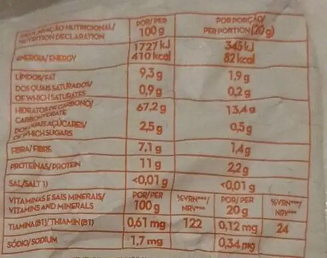 Snack Biológico Fruta Vegetais nutrition facts table
