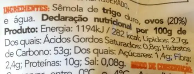Massas Spaguettoni com Ovo nutrition facts table