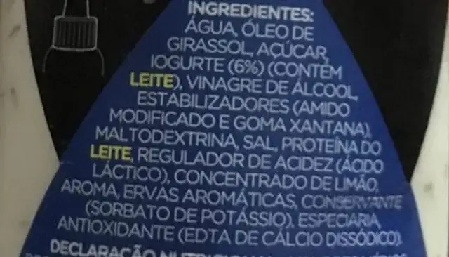 Molho De Iogurte Paladin ingredients label
