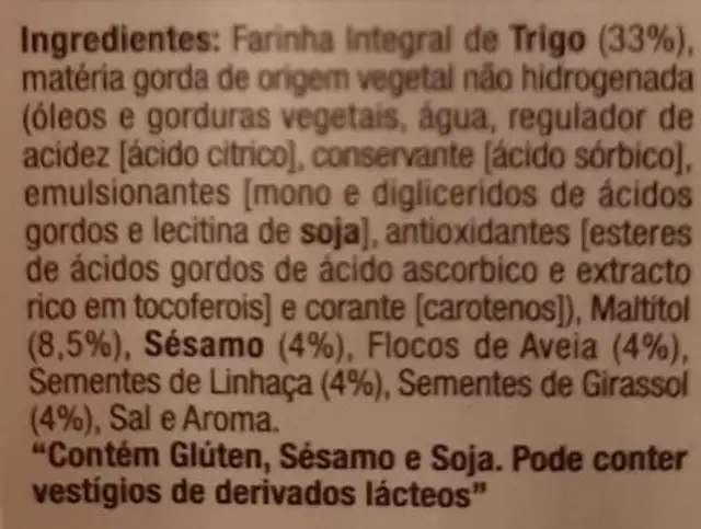 Bolacha Integral ingredients label