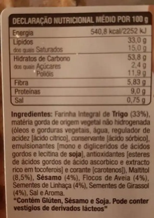 Bolacha Integral nutrition facts table