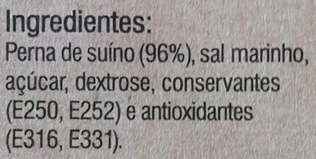 Presunto Fatias ingredients label