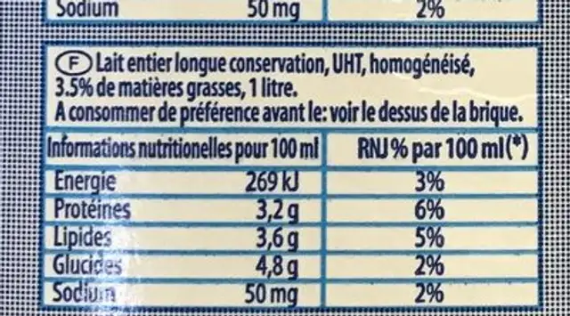 Lait entier UHT longue conservation nutrition facts table