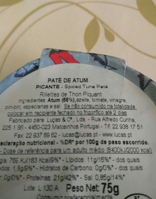 Paté de Atum Picante ingredients label