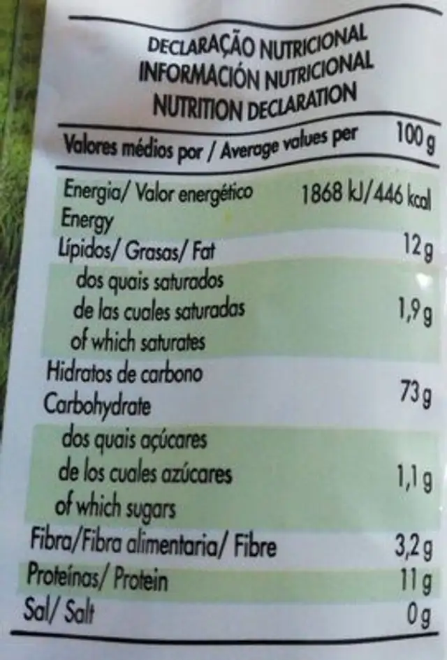 Marinheiras sem sal nutrition facts table
