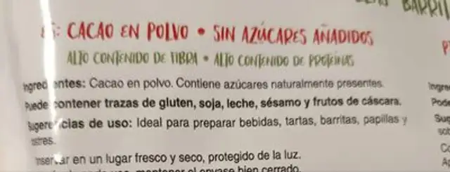 Cacao en Polvo Puro ingredients label