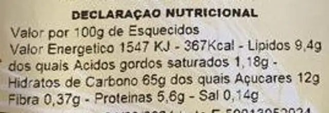Esquecidos nutrition facts table