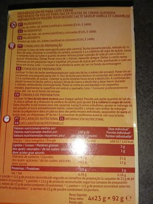 Préparation en poudre pour  crème brûler ingredients label