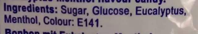 Eucalyptus-menthol flavour candy ingredients label