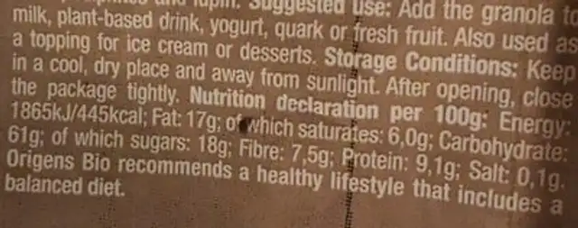 Granola de Chocolate nutrition facts table