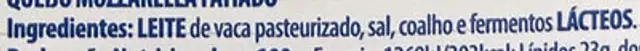 Queijo Fatiado Mozzarella ingredients label
