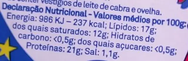 Queijo Curado Meio Gordo nutrition facts table
