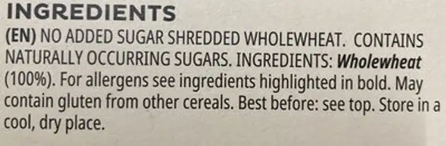 Plain wheats ingredients label