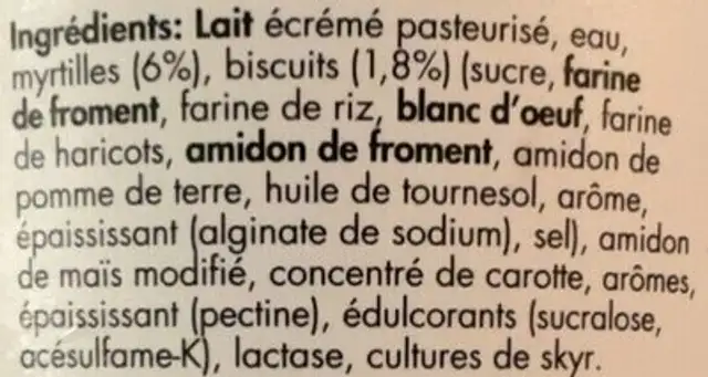 Skyr Tarte Myrtille ingredients label