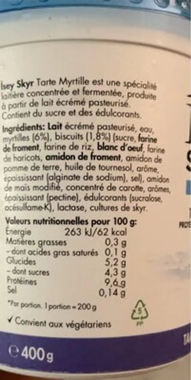 Skyr Tarte Myrtille nutrition facts table