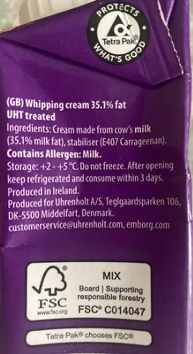 Whipping Cream ingredients label