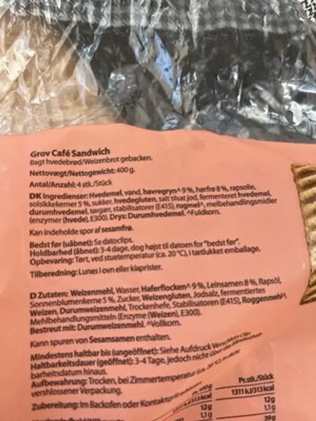 Grov Cafe Sandwich ingredients label