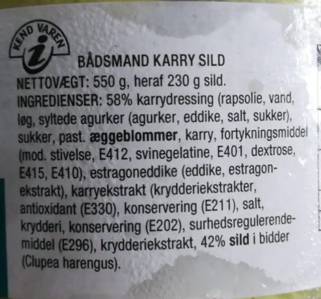 Karry sild ingredients label