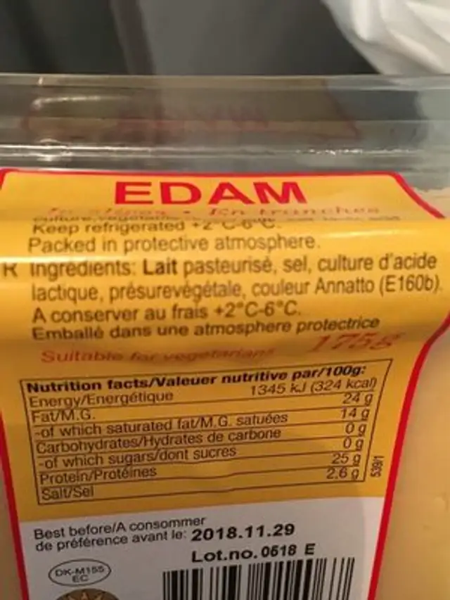 Edam En Tranches ingredients label
