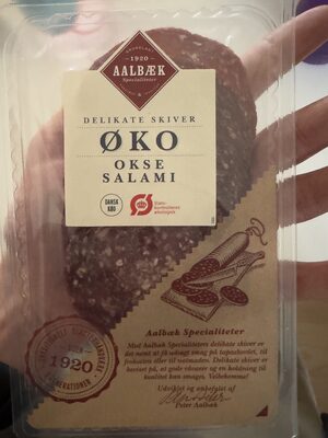 Aalbæk Økologisk Oksesalami / Spegepølse front packaging