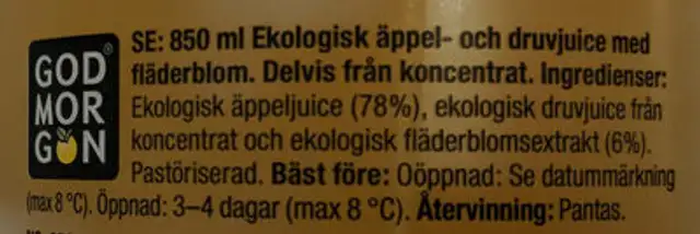 Eko Organic Apple & Elderflower ingredients label