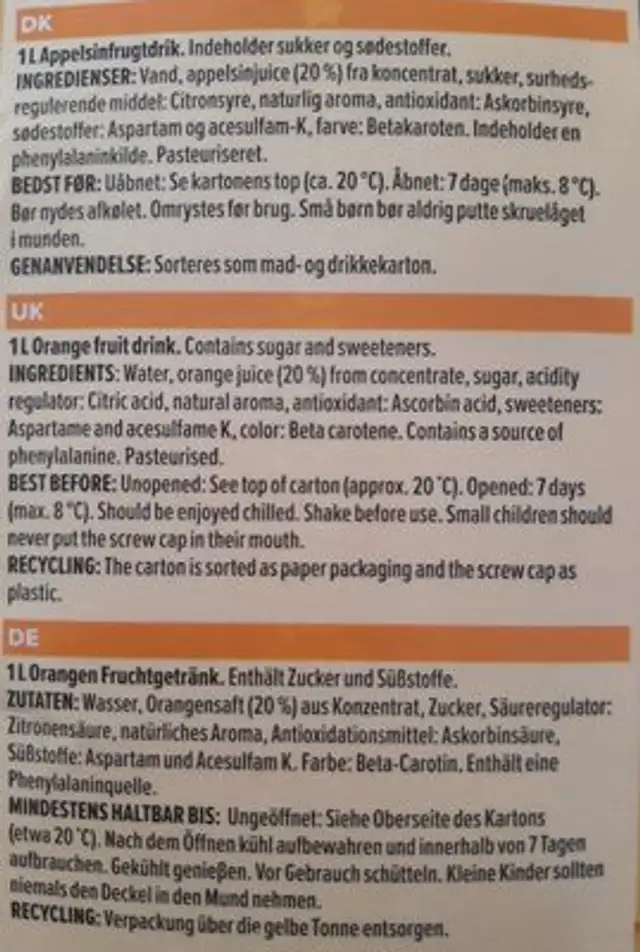 Appelsin ingredients label
