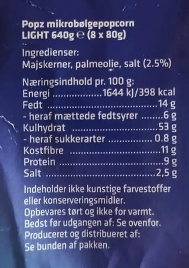 Popz ingredients label