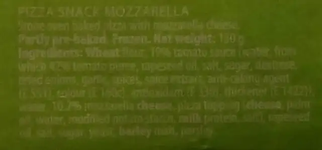 Nice 'n easy Stone oven pizza Mozzarella ingredients label