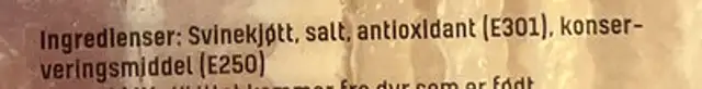 Bacon i skiver, røkt ingredients label