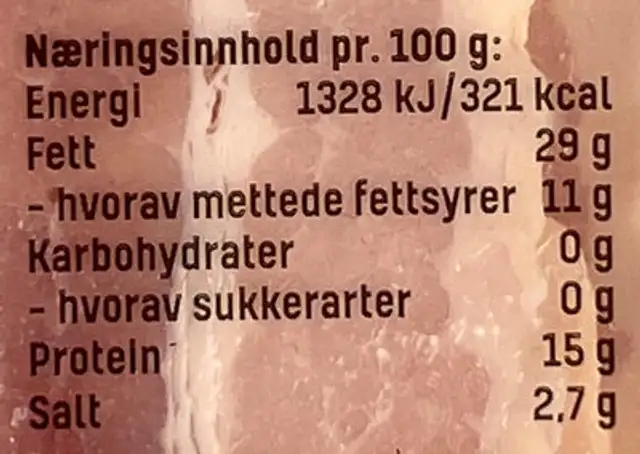 Bacon i skiver, røkt nutrition facts table